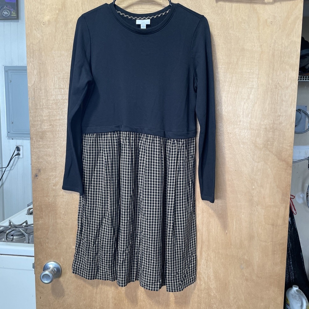 JJill Black & Brown Check Plaid Long Sleeve Pockets Soft Flowy Dress Size Medium